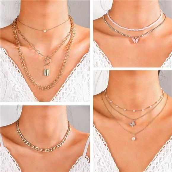 Jewelry - 9PCS Gold Layered Chain Necklace for Women Girls, Gold Necklace